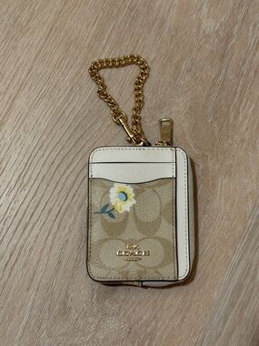 Coach Signature Floral Card Holder with Gold Chain - Beige & Cream